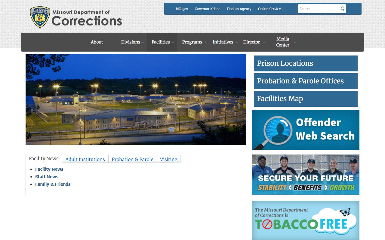 Missouri DOC facilities page for Andrew County sentenced inmate population searches